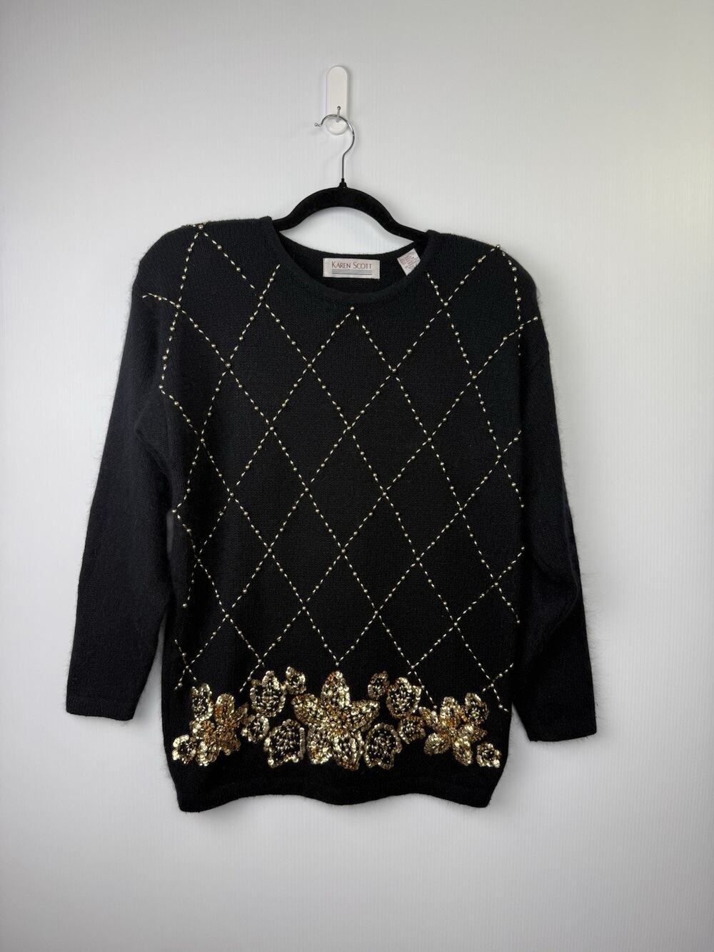 Vintage Karen Scott Silk Angora Sweater Black Gold Beaded Sequin Holiday Glam